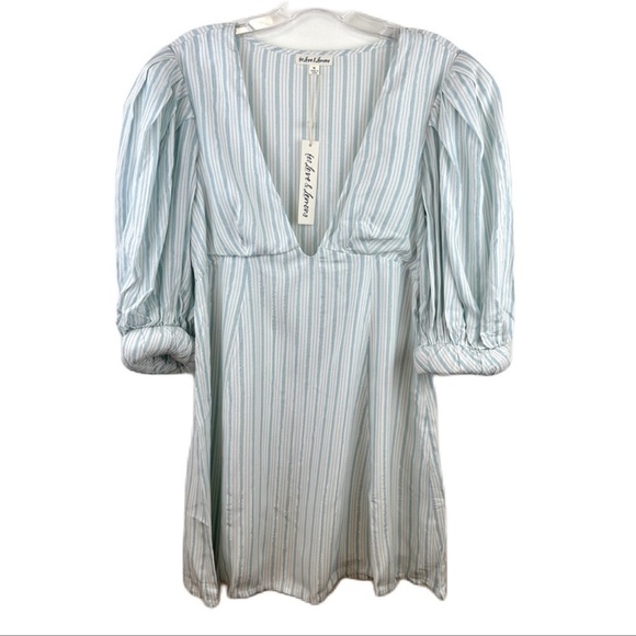 NWT For Love and Lemons Leslie Mini Dress Light Blue Size XS Metallic Stripe - Picture 3 of 10